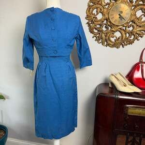 NWT Vintage Women's 60s Blue Raw Silk Shantung Sheath Dress Crop Jacket Set